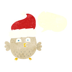 retro speech bubble cartoon owl wearing christmas hat
