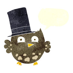 retro speech bubble cartoon little owl with top hat