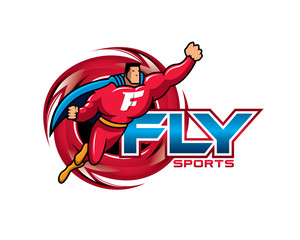 superhero flying in front of circular flame and fly text