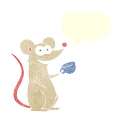 retro speech bubble cartoon mouse with cup of tea