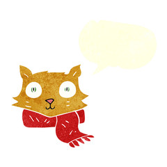 retro speech bubble cartoon cat wearing scarf