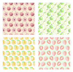 Set of vector seamless fruits patterns. Different bright backgrounds with cherry, apple, apricot and strawberry. Series of Fruits and Sets of Patterns.