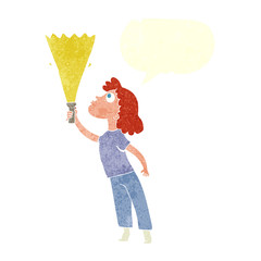 retro speech bubble cartoon woman searching with torch