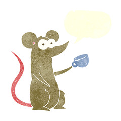retro speech bubble cartoon mouse with coffee cup