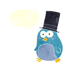 retro speech bubble cartoon bird wearing top hat