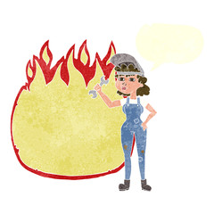 retro speech bubble cartoon woman with spanner