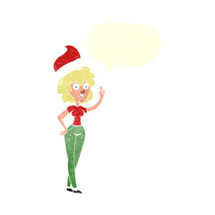 retro speech bubble cartoon woman wearing santa hat