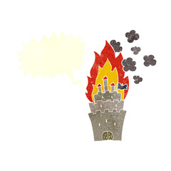 retro speech bubble cartoon burning castle