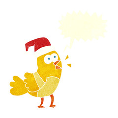 retro speech bubble cartoon bird wearing christmas hat