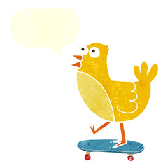 retro speech bubble cartoon bird on skateboard