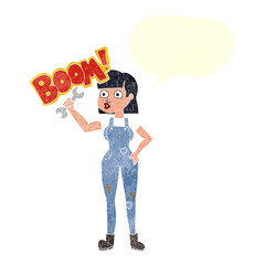 retro speech bubble cartoon mechanic woman