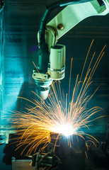 Welding robots movement in a car factory