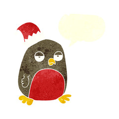 retro speech bubble cartoon christmas robin wearing santa hat
