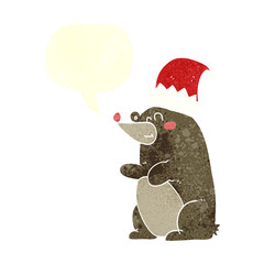 retro speech bubble cartoon bear wearing christmas hat