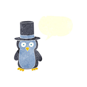 retro speech bubble cartoon penguin wearing hat