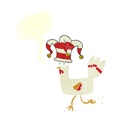 retro speech bubble cartoon chicken running in funny hat