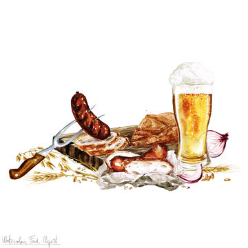 Watercolor Food - Beer and Snacks