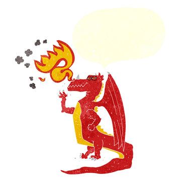 retro speech bubble cartoon happy dragon breathing fire