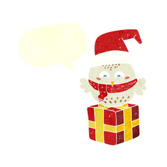 retro speech bubble cartoon cute christmas owl on gift