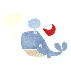 retro speech bubble cartoon whale wearing christmas hat