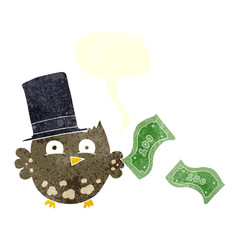 retro speech bubble cartoon wealthy little owl with top hat