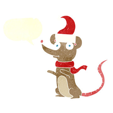 retro speech bubble cartoon mouse wearing christmas hat
