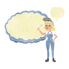 retro speech bubble cartoon female mechanic