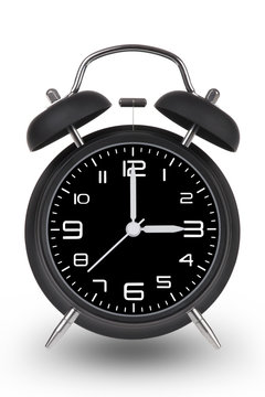 Black alarm clock with hands at 3 am or pm isolated on white bac