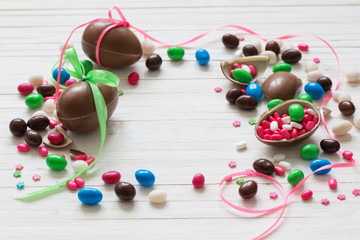 Chocolate Easter Eggs Over Wooden Background