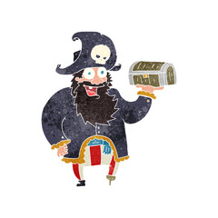 retro cartoon pirate captain with treasure chest