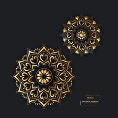 Ornamental gold card with two flower oriental mandalas on black background. Ethnic vintage pattern. Indian, asian, arabic, islamic, ottoman motif. Vector illustration.