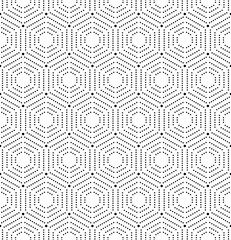 Geometric repeating ornament with black dotted hexagons. Seamless abstract modern pattern