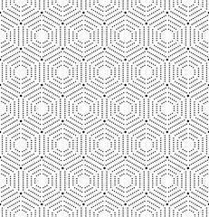 Geometric repeating ornament with black dotted hexagons. Seamless abstract modern pattern