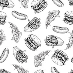 Vector vintage fast food seamless pattern. Hand drawn monochrome