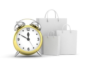 alarm clock and shopping bag (time to buy concept)