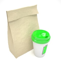 Coffee to go and lunch bag, on white.