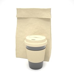 Coffee to go and lunch bag, on white.