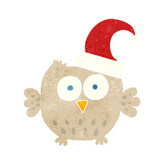 retro cartoon little owl wearing christmas hat