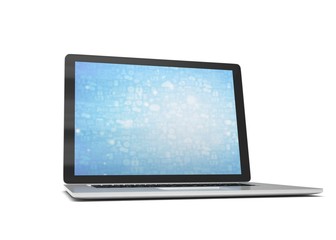 3d rendering of a laptop with blue wallpaper with app icon