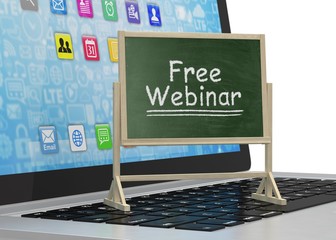 Laptop with chalkboard, free webinar, online education concept