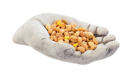 Fresh mixed salted nuts in a bowl (hand), peanut mix