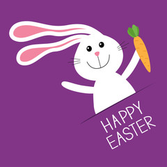 Happy Easter. Bunny rabbit hare holding carrot Paper pocket. Baby greeting card. Violet background. Flat design.