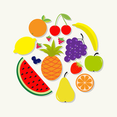 Juicy ripe fruit and berry set. Banana cherry strawberry orange pineapple grape lemon cherry mellon watermelon blueberry pear raspberry apple, slice Round composition Isolated Flat design.