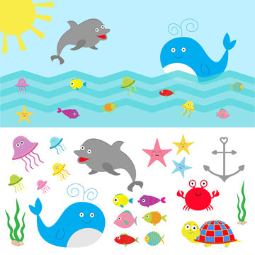 Sea ocean animal fauna set. Fish, whale,dolphin, turtle, star, crab, jellyfish, anchor, seaweed, waves Cute cartoon character collection. Isolated. Flat design.