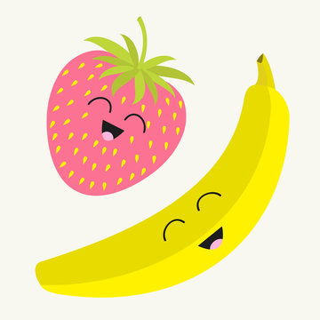 Banana and strawberry. Happy fruit set. Smiling face. Cartoon smiling character with eyes. Friends forever. White background. Flat design.