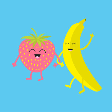 Banana and strawberry. Happy fruit set. Smiling face. Cartoon smiling character with eyes. Friends forever. Baby background. Flat design.