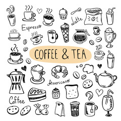 Cute doodle coffee shop icons. Vector sketch coffee and tea drawings for cafe menu