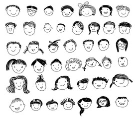 Group of sketch kids face set