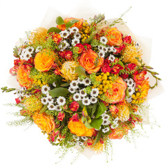 Bouquet of flowers top view isolated on white