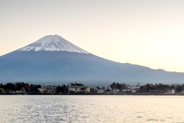 Fuji mountain under cloudy sky with lake